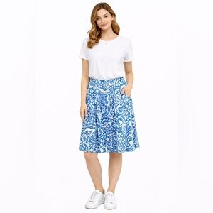 Adrienne Vittadini Blue White Floral Midi Skirt A-Line Stretchy Elastic Waist L